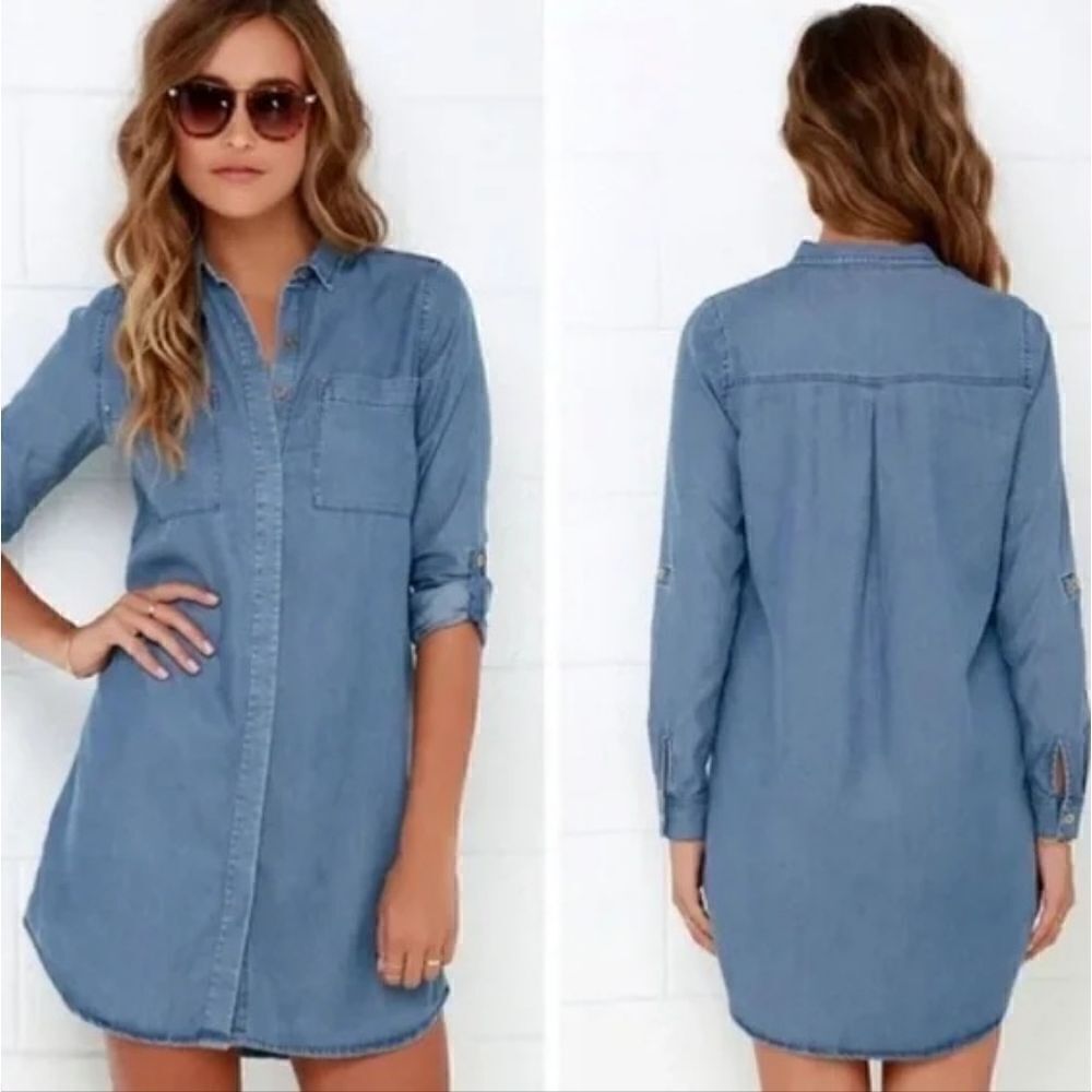 LULUS Blue Chambray - S‎ - Long Sleeve Button Down Dress Tab Sleeves